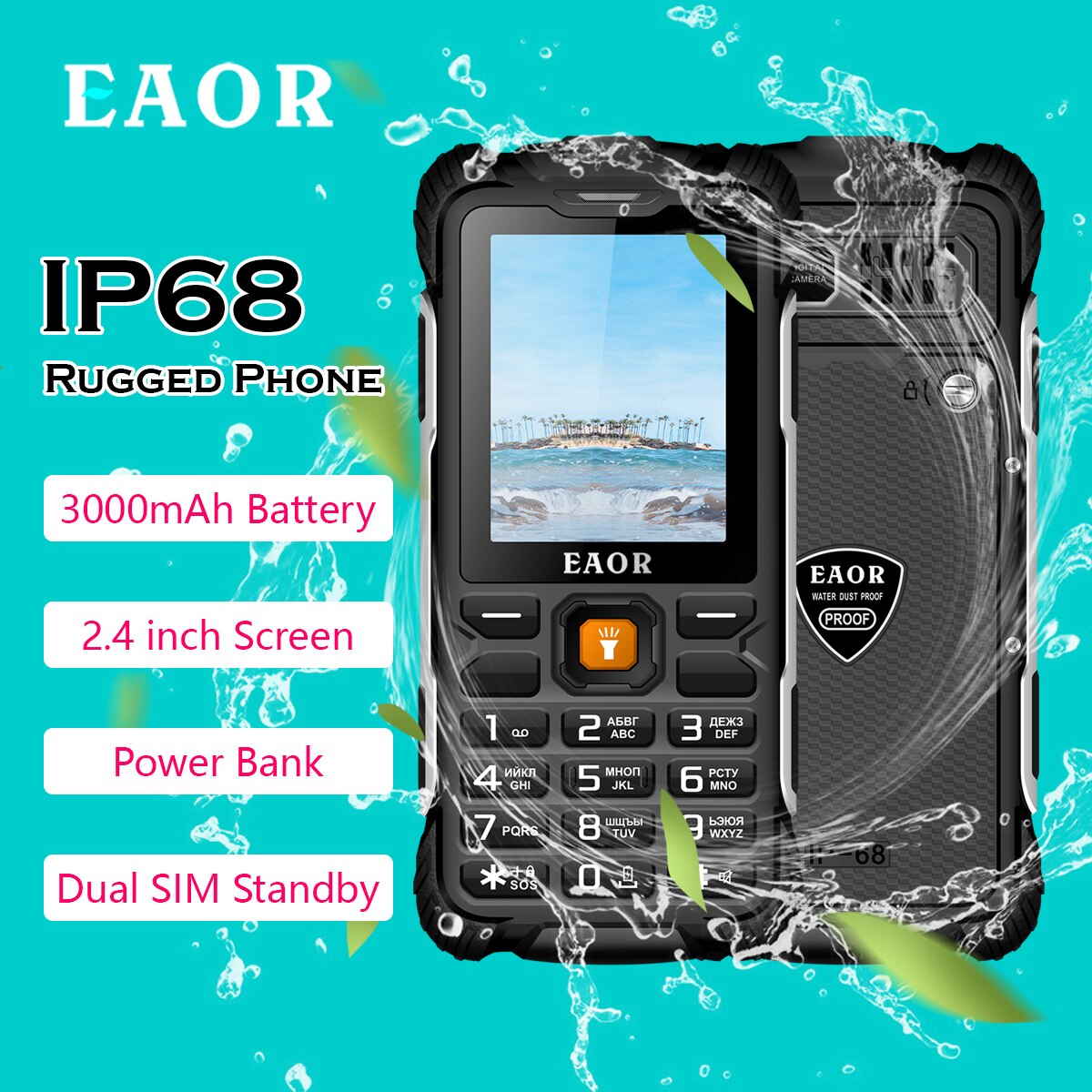 EAOR telefono robusto per esterni IP68 telefono a pulsante resistente all&#39;acqua/alla polvere 3000mAh Power Bank tastiera telefono caratteristica telefono con torcia