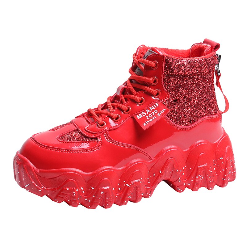Baskets en tissu pailleté pour femmes, montantes rouges, chaussures de loisirs respirantes à semelle épaisse, printemps , chaussures à semelles compensées: Rouge / 6