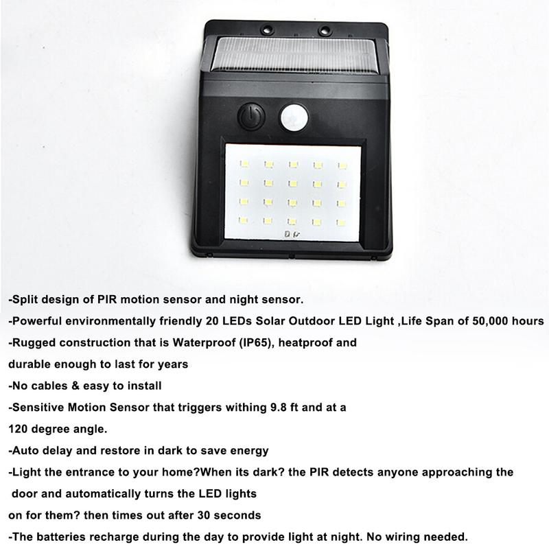 Outdoor 20 LEDs Split Zonne-energie Gloeilamp PIR Motion Sensor 3 Modes Waterdicht Aparte Tuin Street Night Lamp Muur licht