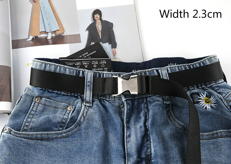 Cinturón largo con hebilla de lona de plástico para mujer, cinturón negro, rojo y blanco, correa para cintura femenina, pantalones vaqueros para niña: Black Width 2.3cm