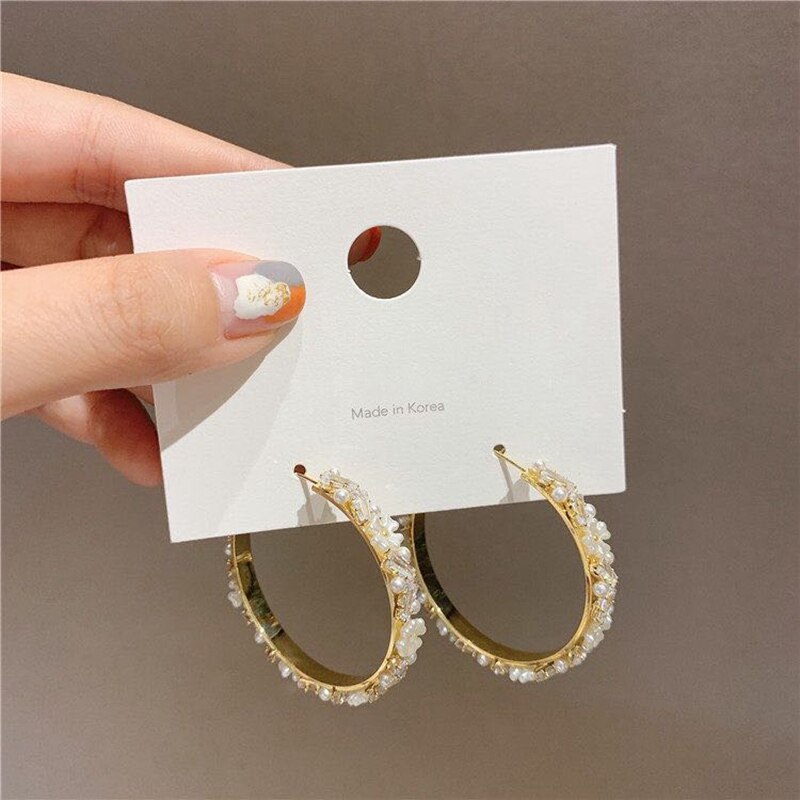 MENGJIQIAO Korean Shell Flower Circle Hoop Earrings For Women Cute Zircon Pearl Boucle d'oreille Jewelry