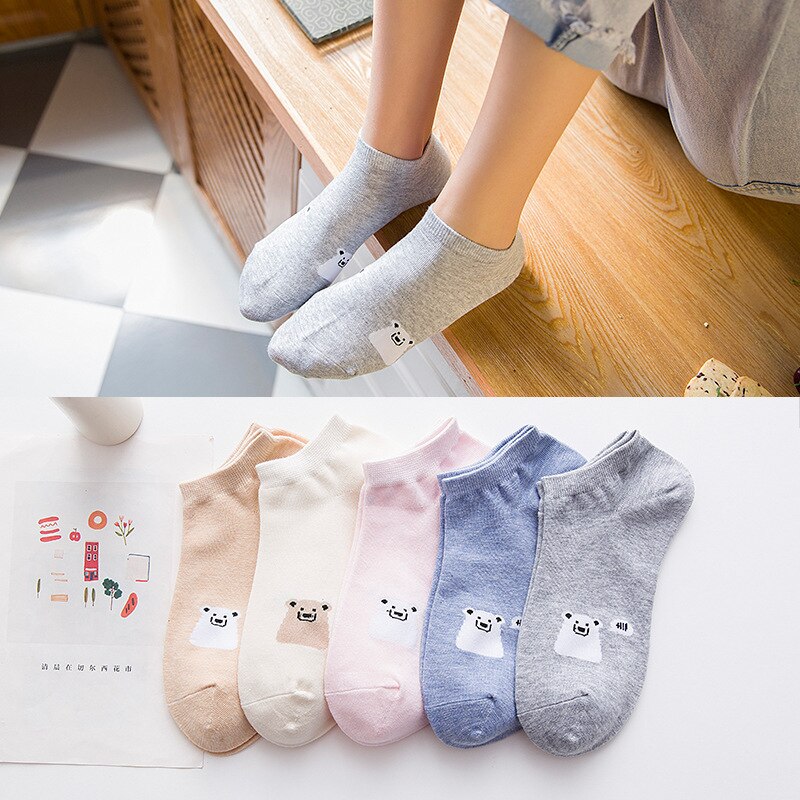 Calcetines tobilleros con de gato para Mujer, medias cortas con dibujos de animales, coreana, Kawaii, informal, 5 pares: Blanco