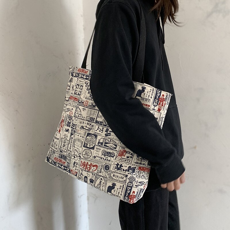 Stor kapacitet lærred skuldertaske til kvinder øko indkøbstasker japansk vintage bomuldsstof tote taske håndtasker stor shopper: Default Title