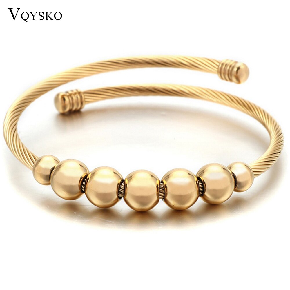 Stainless steel Cable Wire Cuff Bangle Women Beads Charm Adjustable Opening Bracelets Bangles Jewelry