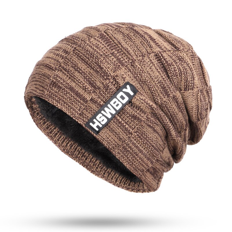 Brand HSWBOY Knit Beanie Hat Winter Striped Plaid Plus Velvet Thicken Hedging Cap Warm Man Male Bone Skullies: Khaki