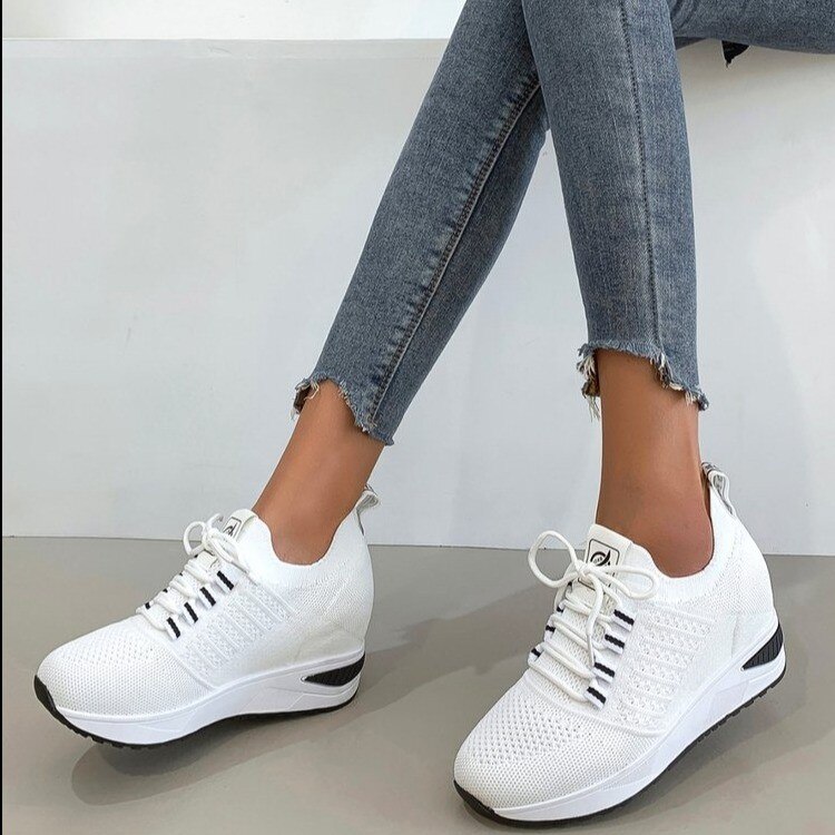 Nouvelle maille confortable femmes chaussures décontractées bouche peu profonde respirant chaussures pour femmes chaussures pour femmes vulcanisées à semelles épaisses: WHITE / 39