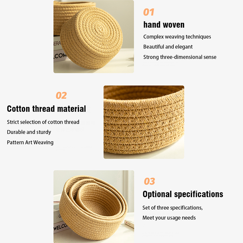 Panier de rangement tissé en fil de coton, boîte de rangement de bijoux de bureau, petit panier télécommandé, conteneur de finition de cosmétiques