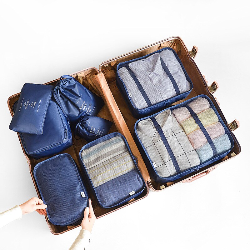 Conjunto de bolsas de armazenamento, 8 peças, 6 peças, viagem, casa, roupas, colcha, cobertor, partição de sapatos, organizador ordenado, mala de armário, bolsa, cubo de embalar: 8pcs deep blue