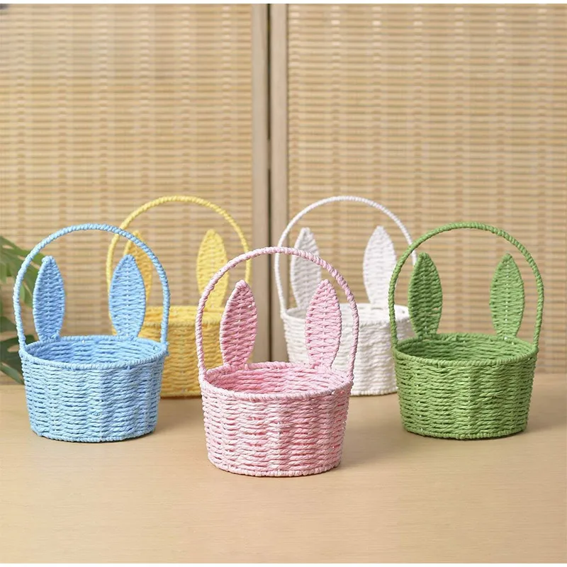 Cute Bunny Ears Woven Basket Paper Rope Braided Flower Basket Easter Decoration Home Picnic Fruit Hand-held Sundries Organizers
