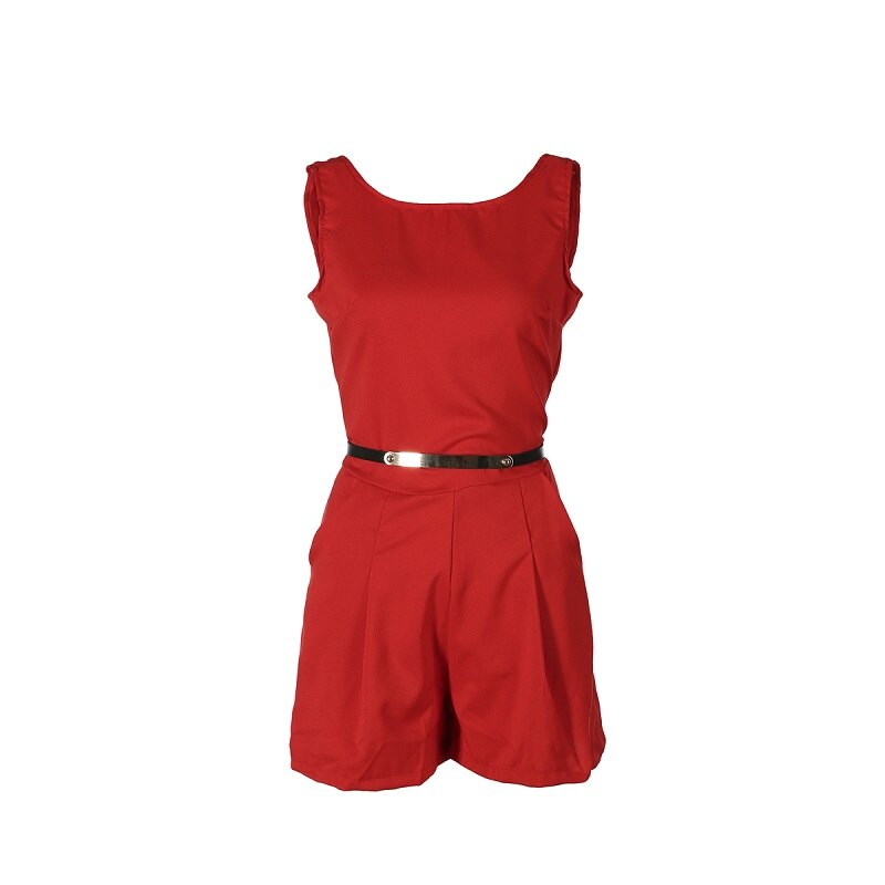 Femmes OL solide palysuit en vrac été en mousseline de soie Falbala sans manches dames haute rue salopette combinaisons: Belt Red / XL