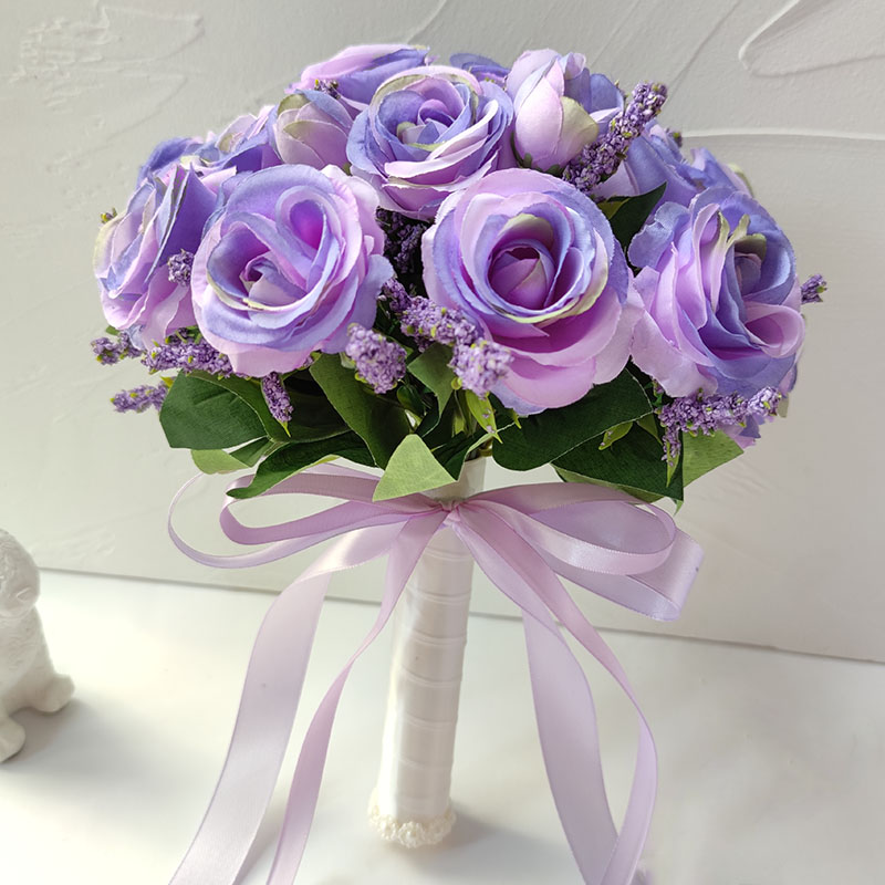 Bride Bouquet Wedding Accessories Silk Roses Artificial Flowers Bridesmaid Bouquet Groom Boutonniere Corsage Wedding Party Decor: PURPLE