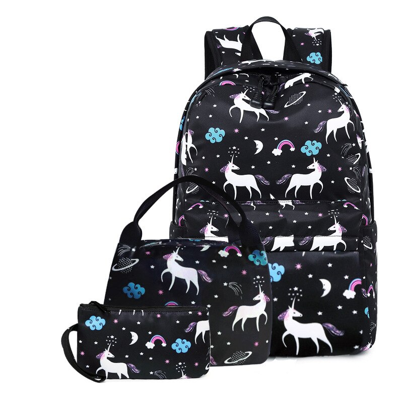 DIOMO unicorn backpack female women school bags set for girl teenagers satchel female animal bagpack kids crossbody bag child: Black lunch bag