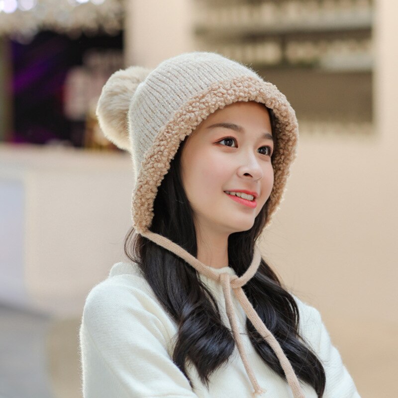 Lamb wool hats women's knitted fleece-lined caps winter bomber hats with velvet thickness warm hats cold-proof caps for girls: kahki