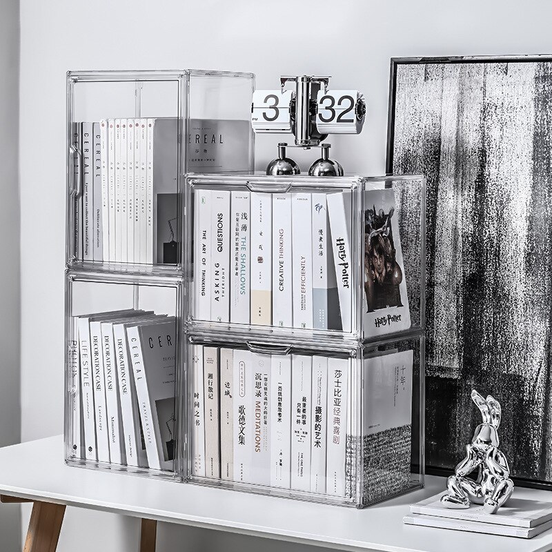 Desktop book organizer gennemsigtig støvtæt magasin opbevaringsboks fortykket plast reol kontor indretning bogreol vitrine