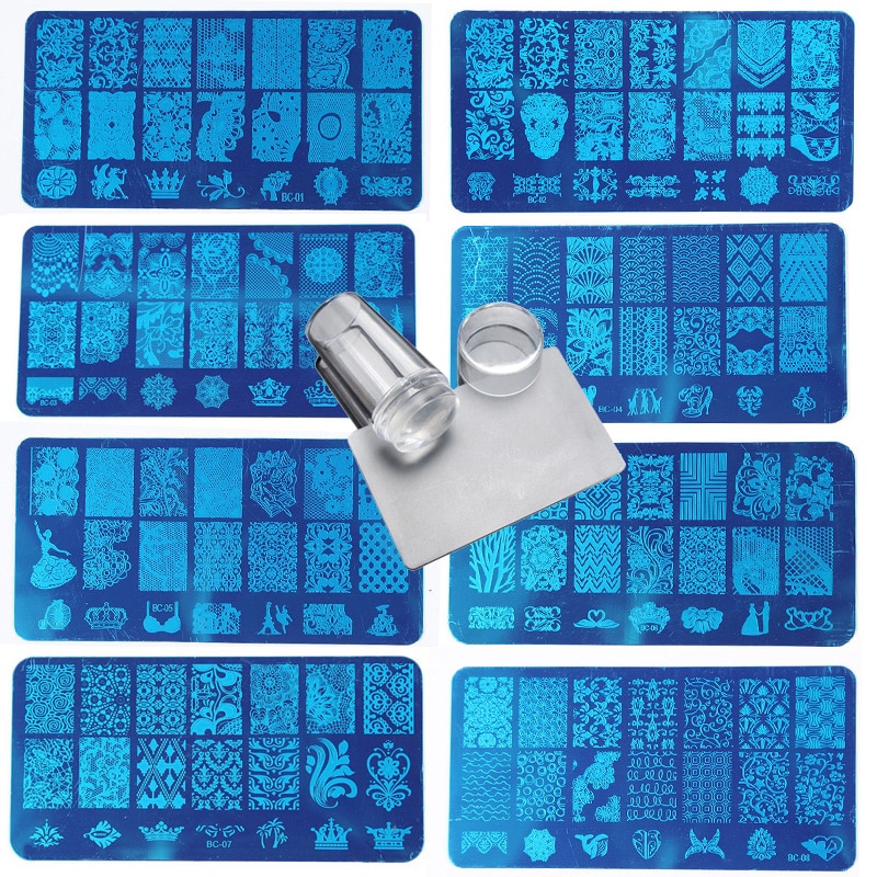 Nail Stamping Plates Set with Clear Jelly Stamper Scrapper Manicure Image Template Tool