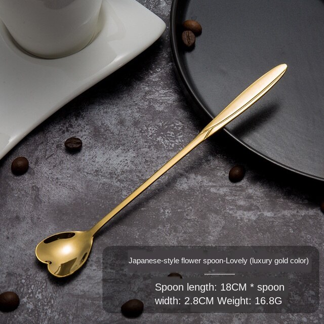 Flowers Gold Spoon Long Handle Dessert Tea Coffee Mixing Spoon Stainless Steel Vintage Teaspoons Drink Tableware 1PC: F