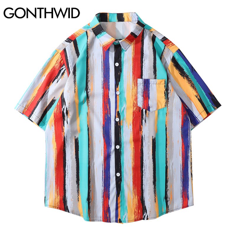 GONTHWID Hawaiian Shirts Harajuku Color Bloock Stripes Shirt Streetwear Hip Hop Aloha Tropical Casual Mens Tops