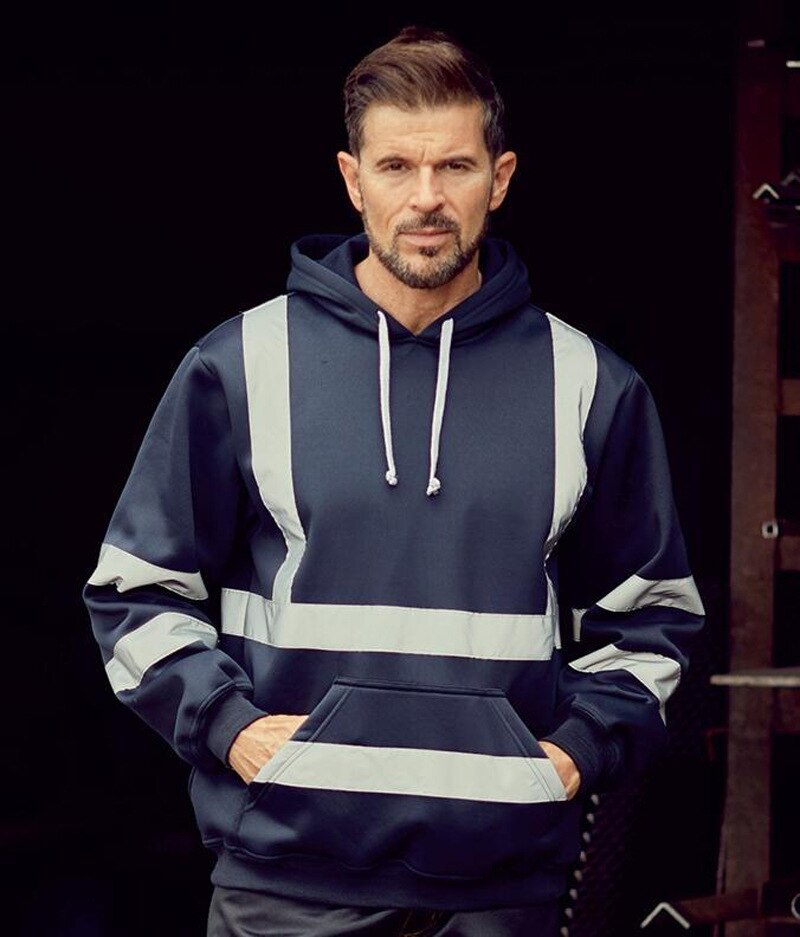 Men's High Visibility Safety Hooded Reflective Hoodies Workwear Pullover Fleece With Reflective Tripes Workwear Sweatshirts Male: black / XXL