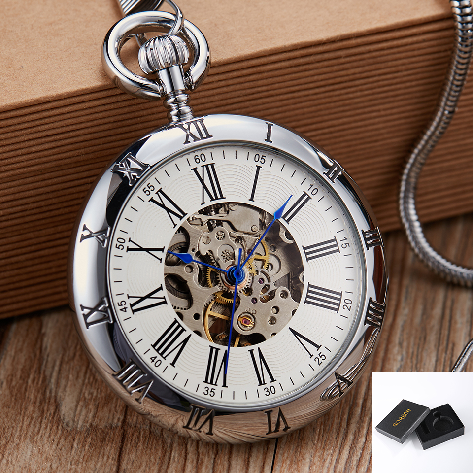 Luksus guld automatisk mekanisk lommeur retro kobber ure romertal cob vedhæng mænd kvinder reloj de bolsillo: Sølv med æske