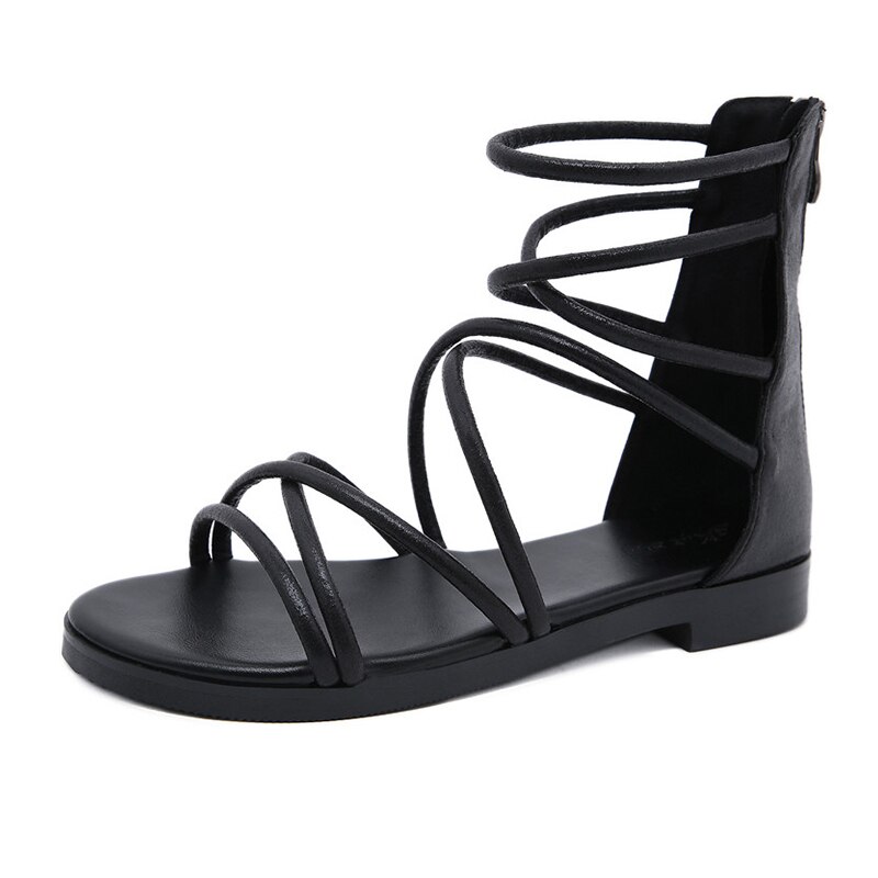 Gdgydh Cross-tied Women Flat Sandals Casual Rome Summer Shoes Gladiator Back Zipper Retro Hollow Out Free Ship: black shoes / 4.5