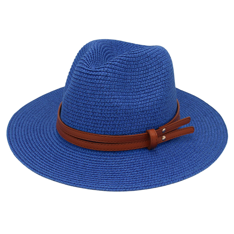 Chapeau d'été en paille pour femmes et hommes, à large bord, solide, Panama, pour la plage, décontracté, fait à la main, Protection UV: blue