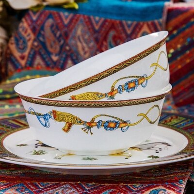 Ceramic Flatware Tableware Set Rice Pasta Bowl Plate Fish Dish Soup Pot Spoon Bone China War Horse Kitchen Utensil Wedding: 6 Inches Bowl
