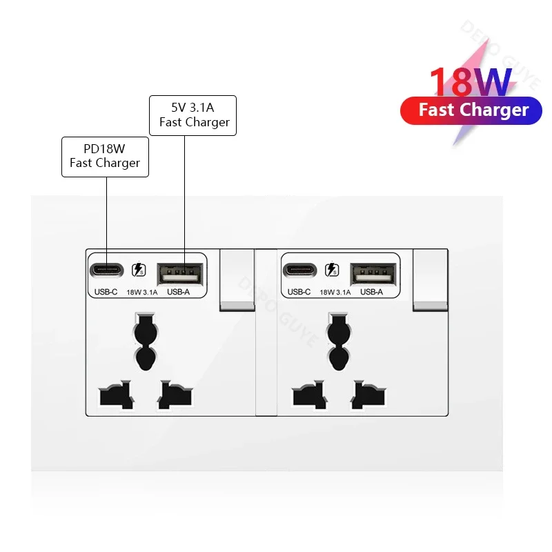 Universal 18W Type-C Plug Quick Charging Dual 3-pin Power Socket 220V,Wall electrical Socket with DC 5V 3.1A Type-c USB Charger