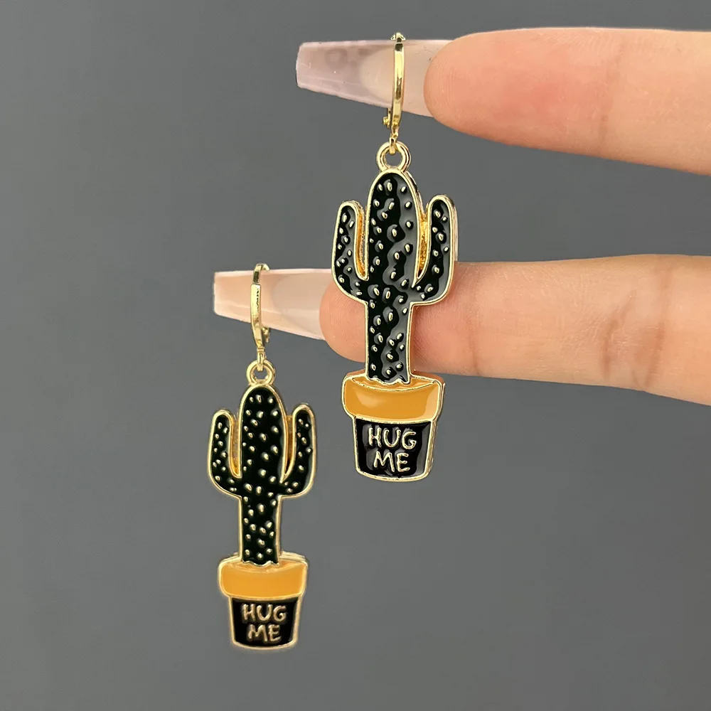 Pendientes de aro de Color dorado con forma de planta de Cactus y hoja esmaltada colorida para mujeres y niñas, pendientes Vintage bohemios con goteo de aceite, de joyería