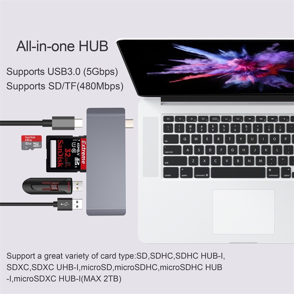 Thunderbolt 3 Usb Type C Hub Voor Macbook 12 Inch USB-C Dock Adapter Met Micro Sd/Tf Reader Slot voor Mac Book Pro Usb C Hub