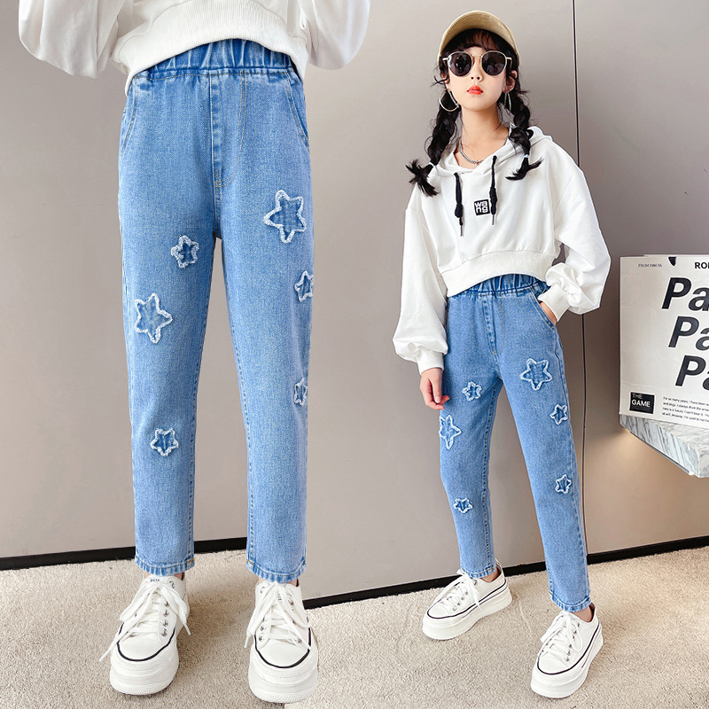 Pantalones vaqueros para niña, ropa para niño, pantalones vaqueros para niña adolescente, pantalones largos azules con cintura elástica, novedad, primavera y otoño