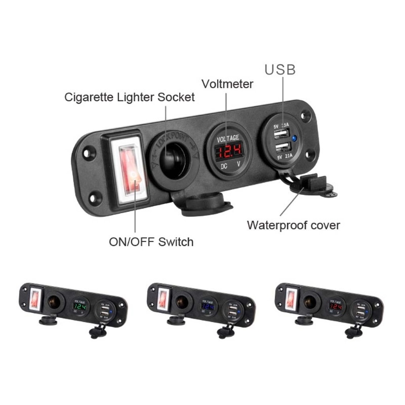Autolader dubbele usb-adapter 12v sigarettenaanstekeraansluiting led voltmeter schakelaar