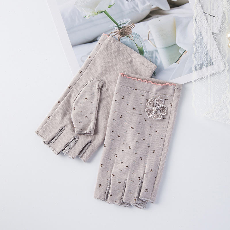 Gants de protection solaire pour femmes, en coton, UV, perle, Sport, cyclisme, conduite, écran tactile, demi-doigt, moufle, fleur, point, O22: A Gray