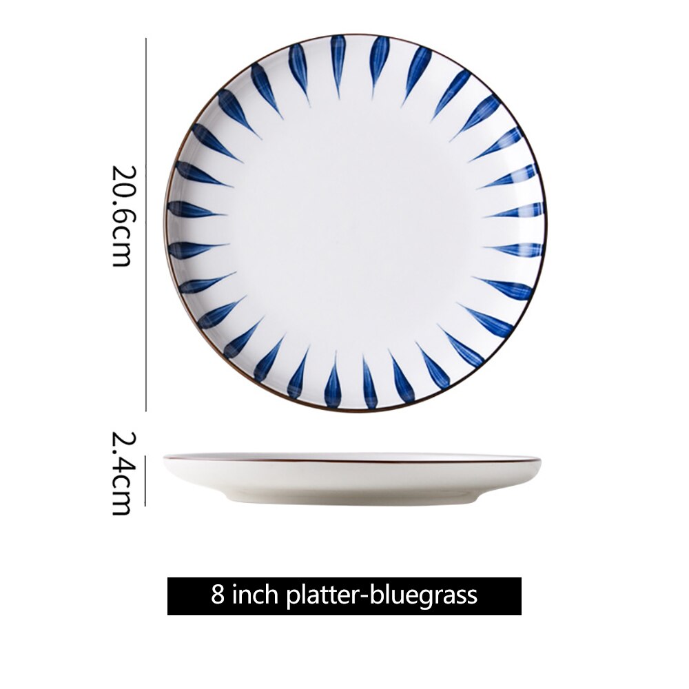8Inch Japanese Ceramic Round Dish Home Breakfast Plate Pasta Dessert Steak Western Dish Hand-Painted Simple Decoration 1PC: A5