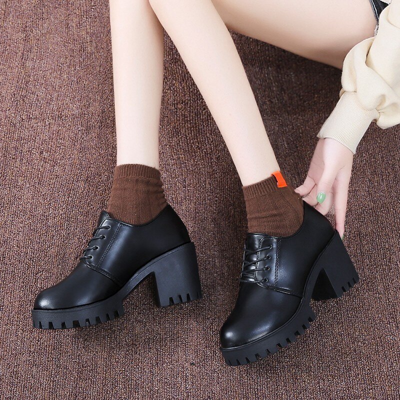 automne femmes chaussures simples femmes à lacets chaussures à talons carrés tête ronde talon haut imperméable à l'eau plate-forme chaussures en polyuréthane