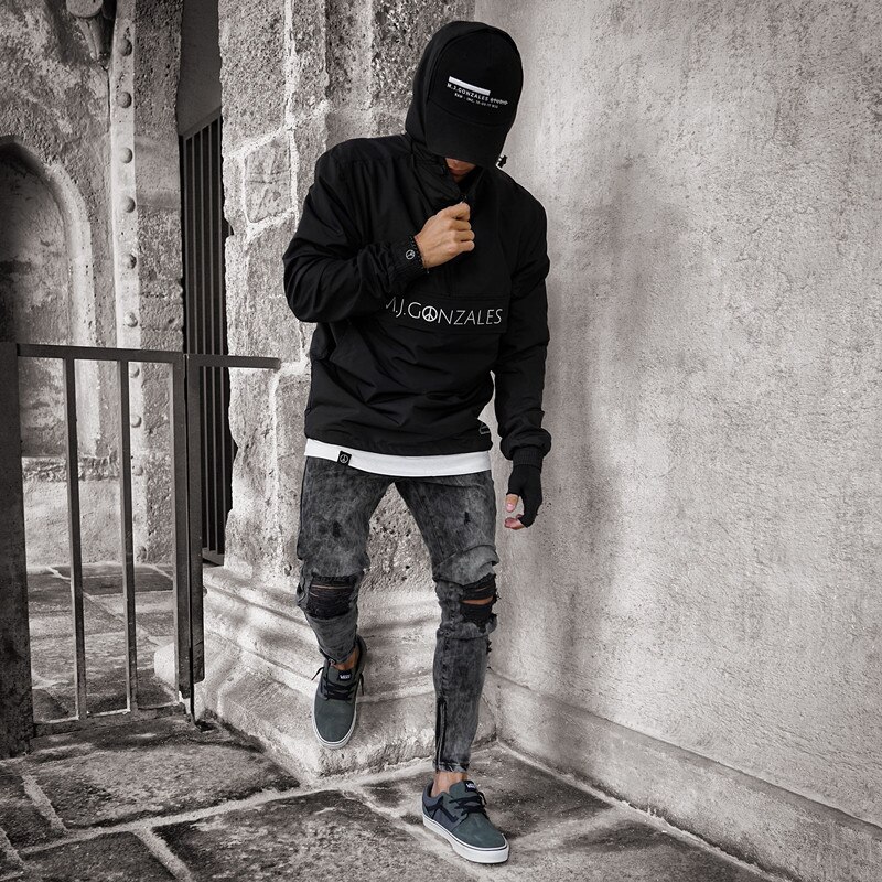 Men vintage Black Slim Fit Stretch Ripped skinny Jean zipper street jogging Motorcycle casual jeans pants
