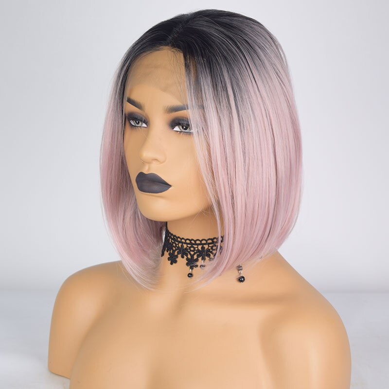 Bombshell sort ombre hvid pink kort bob syntetisk blonde front paryk limfri varmebestandig fiber hår midterskilning til kvinder