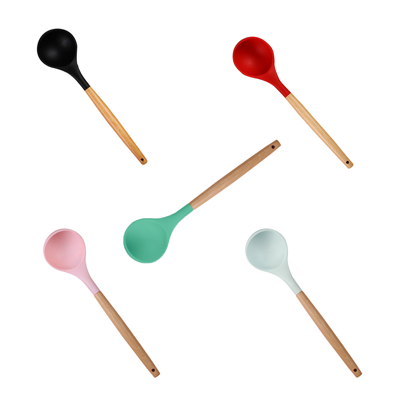 Cuchara de silicona antiadherente para el hogar, utensilios de cocina resistentes al calor con mango de madera, cucharas para sopa, arroz, leche, utensilios para hornear