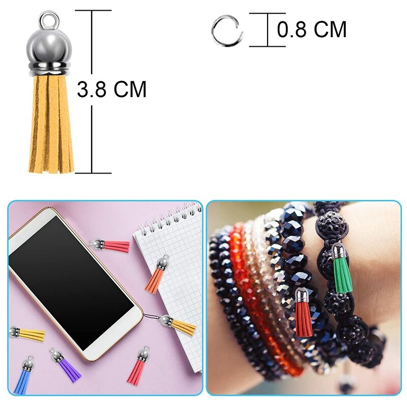 Kit de borlas para llavero, borla de cuero, dijes y anillos para hacer joyas, llaveros, pulseras y manualidades DIY, 120 Uds.