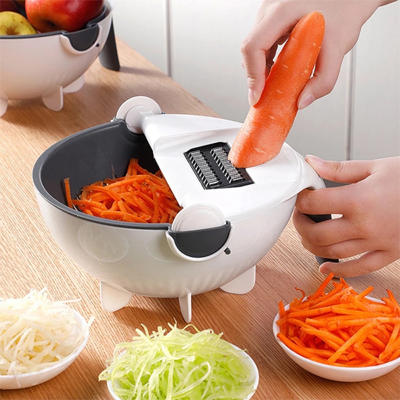 Magisk multifunktionel roterende grøntsagsskærer med afløbskurv køkken veggie frugt shredder riveapparat