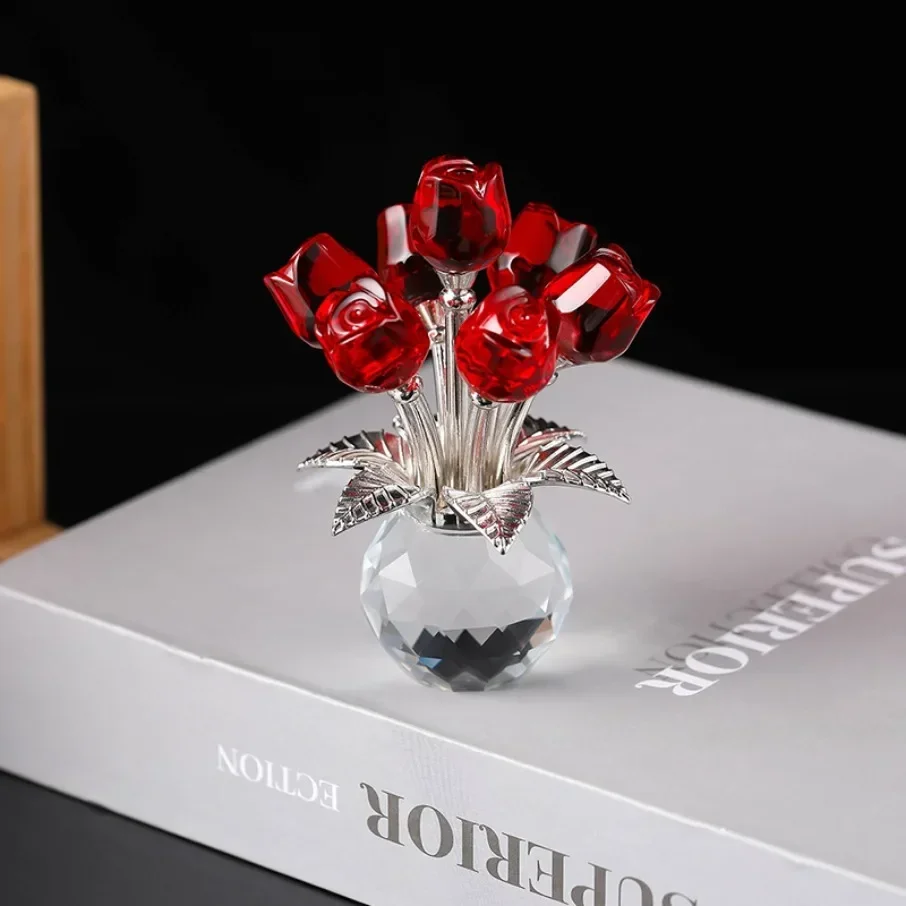 Crystal Red Rose Bouquet with Round Vase Figurines for Women Glass Bouquet Ornament Romantic Table Centerpiece