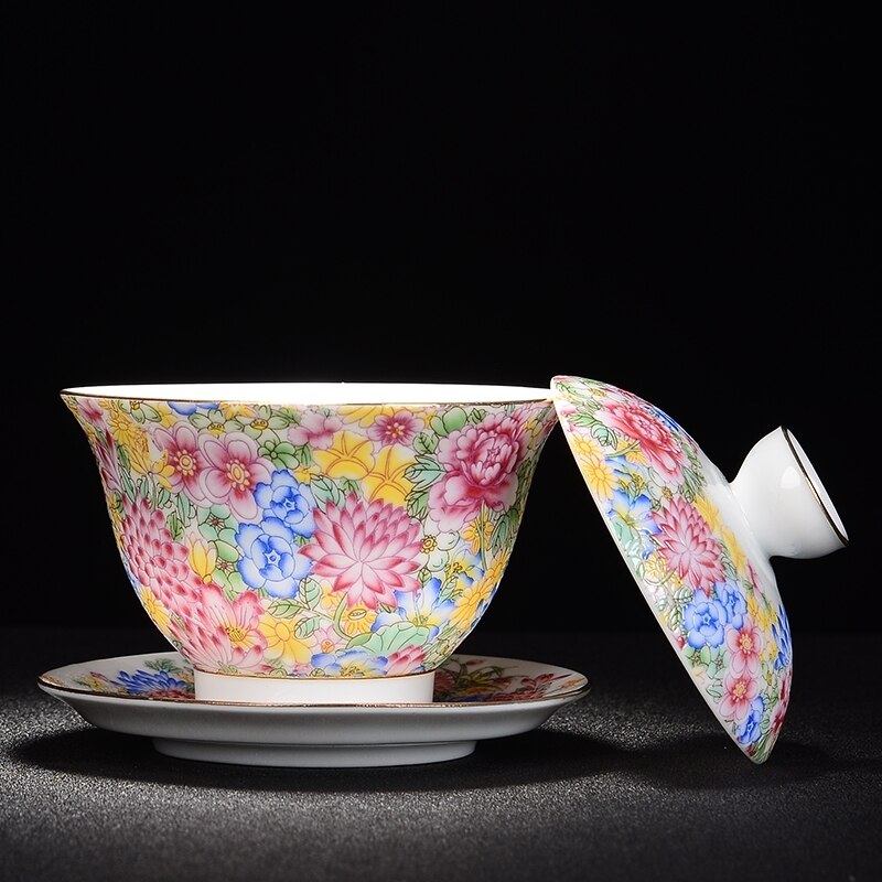 Jingdezhen Blue and White Porcelain Gaiwan Chinese Tea Set Ceramic Sancai Tea Cup Chawan Color Enamel Beautiful Lid Bowl Teaware