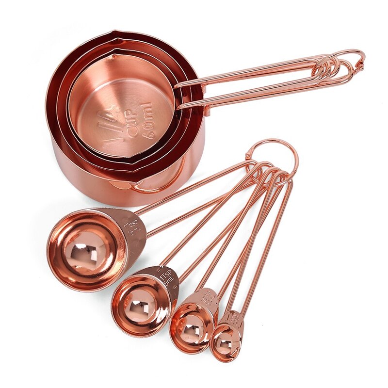 FashionRose gold Stainless Steel Measuring Cups and Spoons set of 8 Engraved Measurements,Pouring Spouts & Mirror Polished for B
