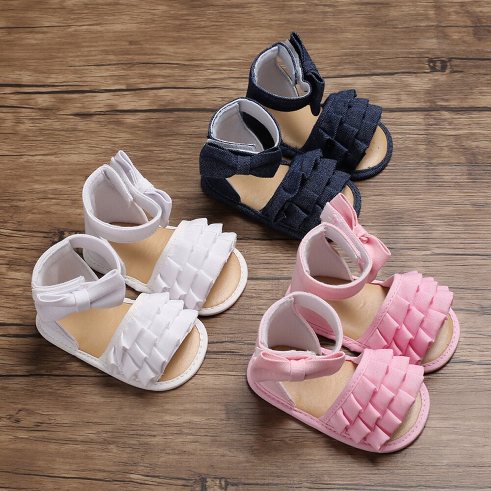 Baby sommer sko sandaler baby piger spædbarn bløde sko lærred bue knude solid ruffede sandaler toddler baby sko 0-18m