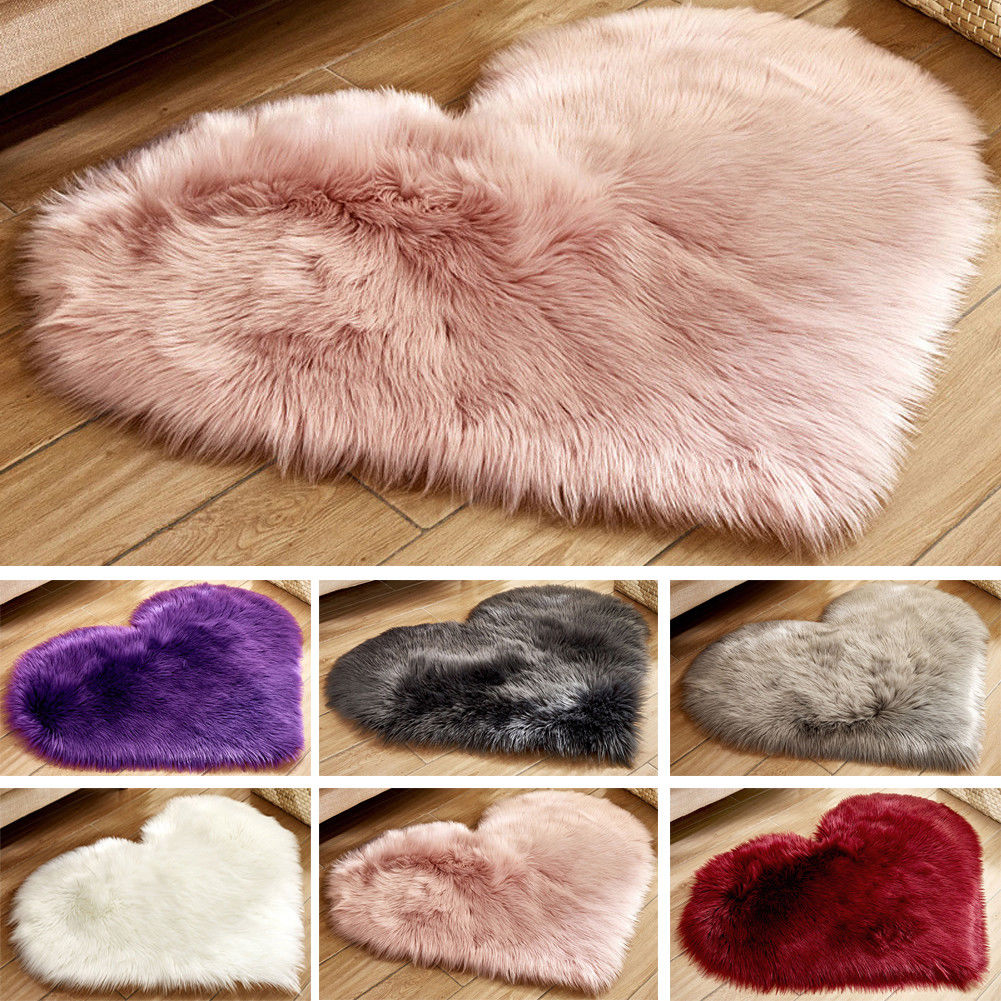 Fluffy hjerteformet tæppe pjusket gulv blødt imiteret pels hjemme soveværelse behårede tæppe tæpper