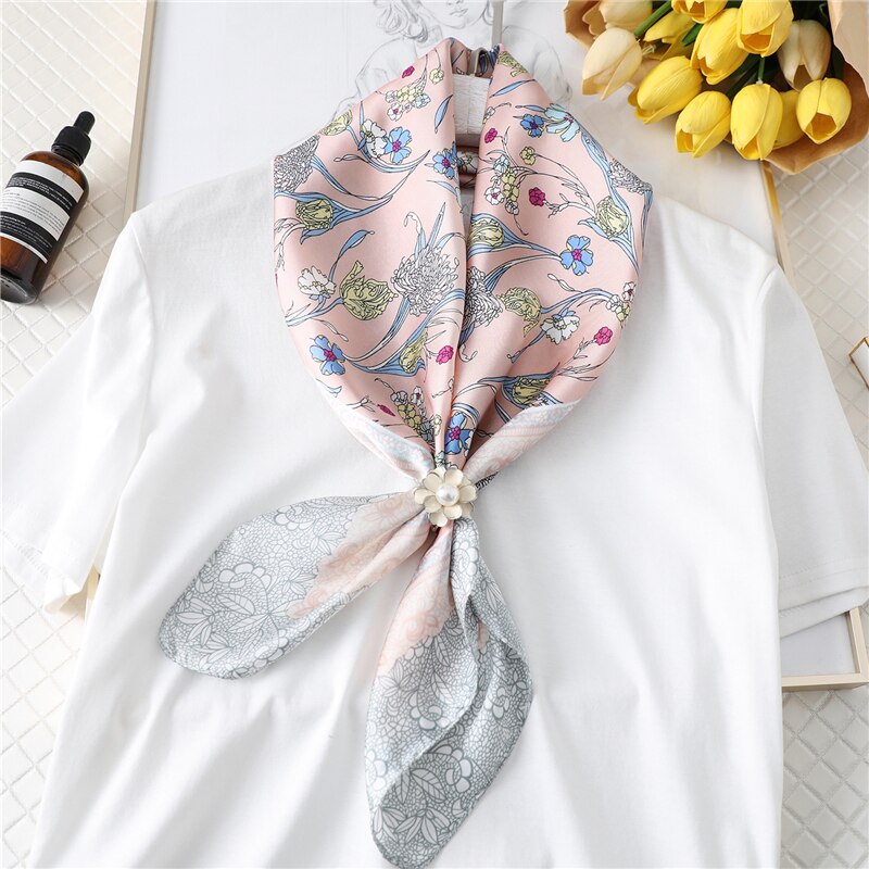 Skjerf til damer silke firkantet hode pakke inn hals hals skjerf kvinner foulard sjal lommetørkle blomstertrykk bandana: Fj144- rosa