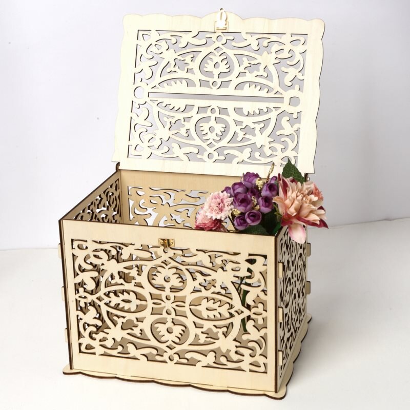 1PC Wedding Card Boxes Wooden Box Wedding Supplies DIY Couple Flower Pattern Grid Business Card Wooden Box S/L