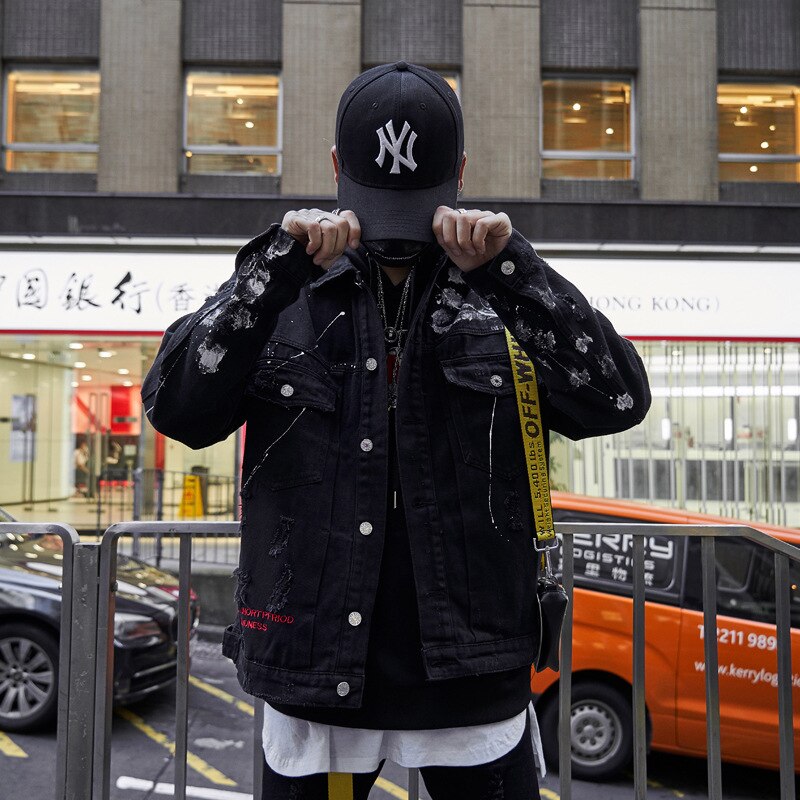 Aboorun mænds hip hop denimjakker overdimensionerede graffiti malede jeansjakker mand mærke revet frakke streetwear  x1282