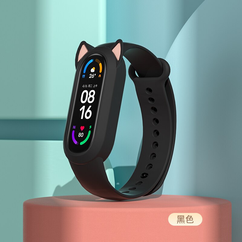 For Xiaomi Mi Band 6 5 4 3 Cat Earmuffs Case Silicone for miband 5 4 Wristband For Amazfit Band 5 Strap Cute style Replacement: Black / For Amazfit Band 5