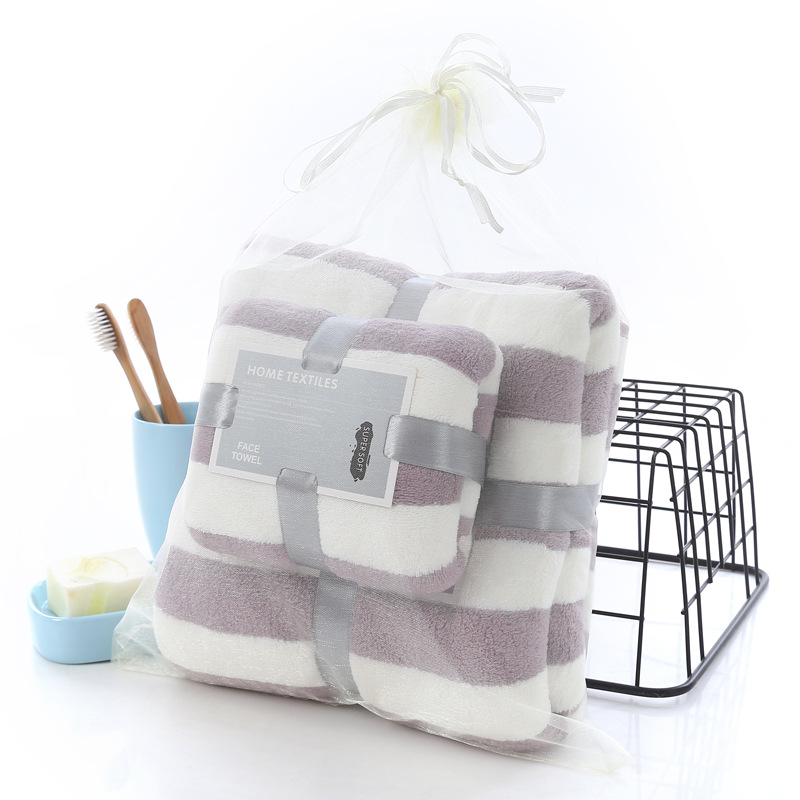 Coral Fleece Cation Face Towel + Bath Towel Set Thick Absorbent Bathroom Towels For Swimming Travel Sports Towel Set: Purple