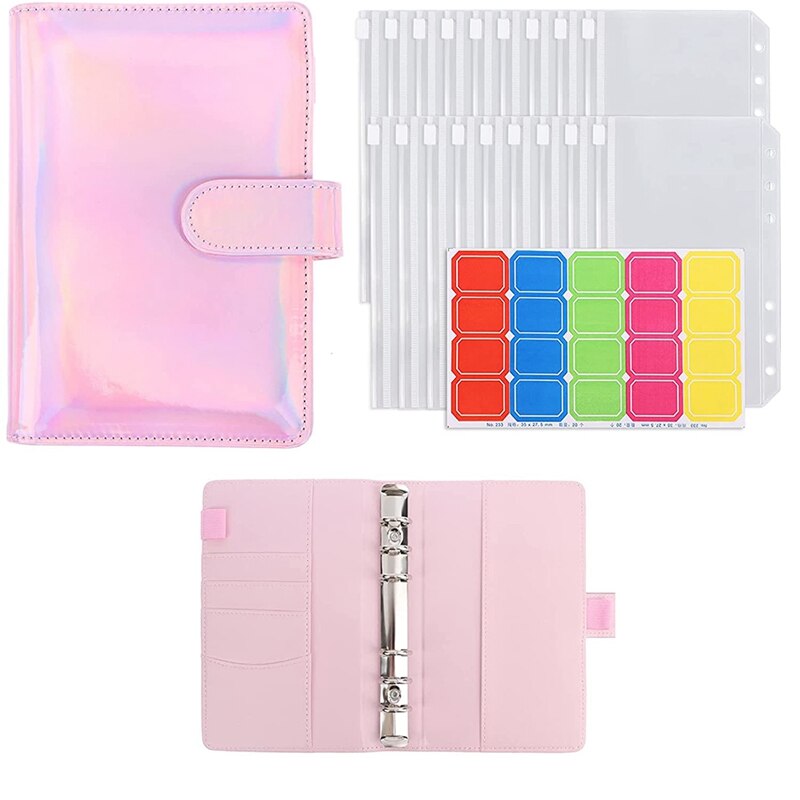 A6 Pu Lederen Bindmiddel Cover Roze Lederen Bindmiddel Bestand Pocket Losbladige Map 6-Ring Pvc Budget Envelop bindmiddel: Pink